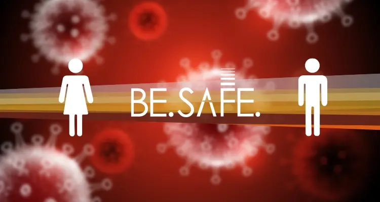 Das ALPOLIC BE.SAFE.Visual liegt auf einem Hintergrund mit Corona Viren.