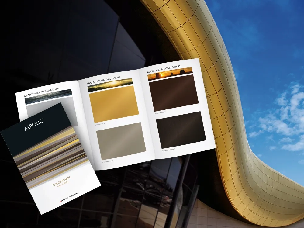 ALPOLIC™ reALAnodised Composing bestehend aus der ALPOLIC™ reALAnodised Farbkarte und einer geschwungenen Gebäudefassade im Hintergrund