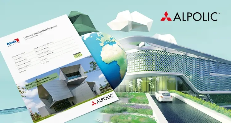 Webgrafik zur EPD-Zertifizierung von ALPOLIC® R85 mit nachhaltigem Architekturmotiv, Zertifikatsdokument und Erdkugel News