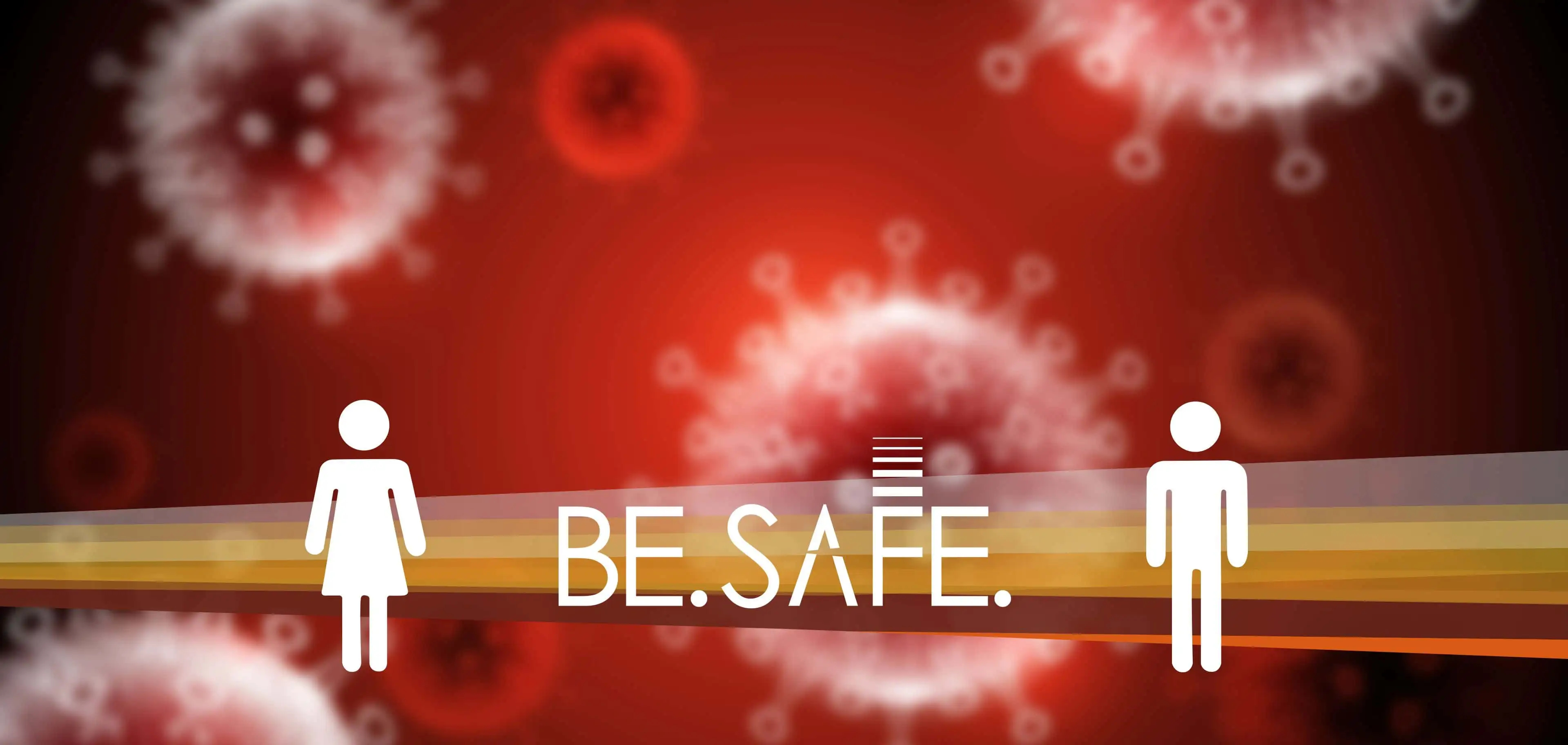 Das BE.SAFE. Visual liegt auf einem Hintergrund mit Corona Viren.
