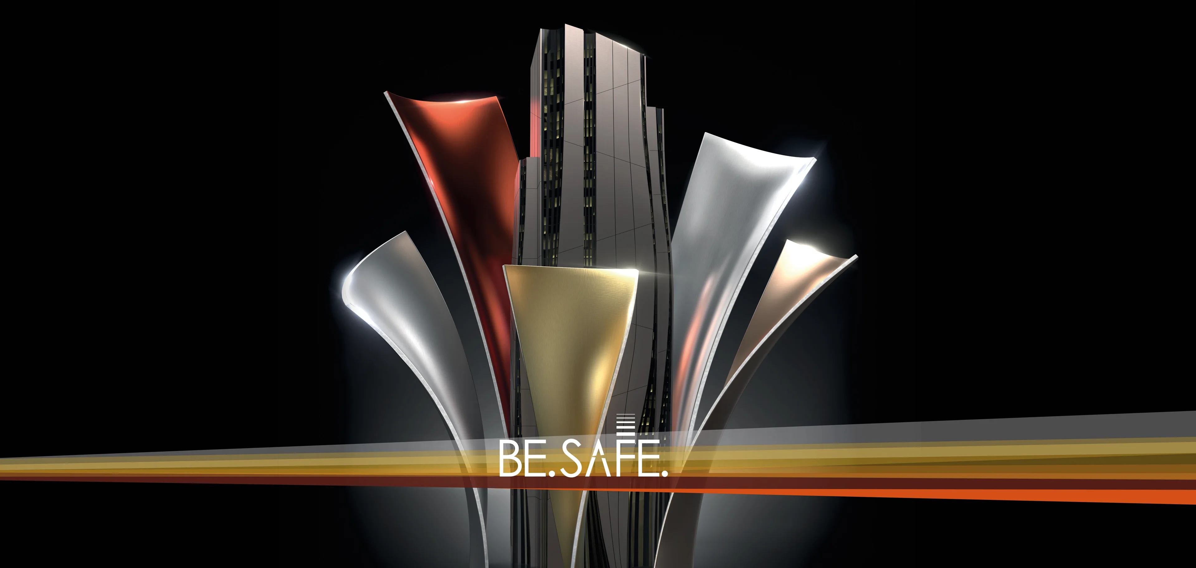 Keyvisual für die Kampagne BE.SAFE – digital aufbereitetes Motiv in dem ein Hochhaus von Aluminiumverbundplatten in verschiedenen Farben umgeben wird.