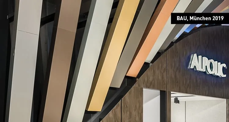 BAU 2019 in München: Messestand Nahaufnahme der Verbundplatten auf dem Messestand von ALPOLIC™