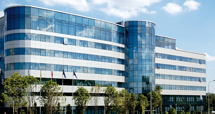 Façade view of the Konti confectionery factory in Ukraine.