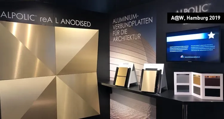 A@W 2019: Stand ALPOLIC™ Frontale Aufnahme des Messestandes von ALPOLIC™ uuf der A@W in Hamburg